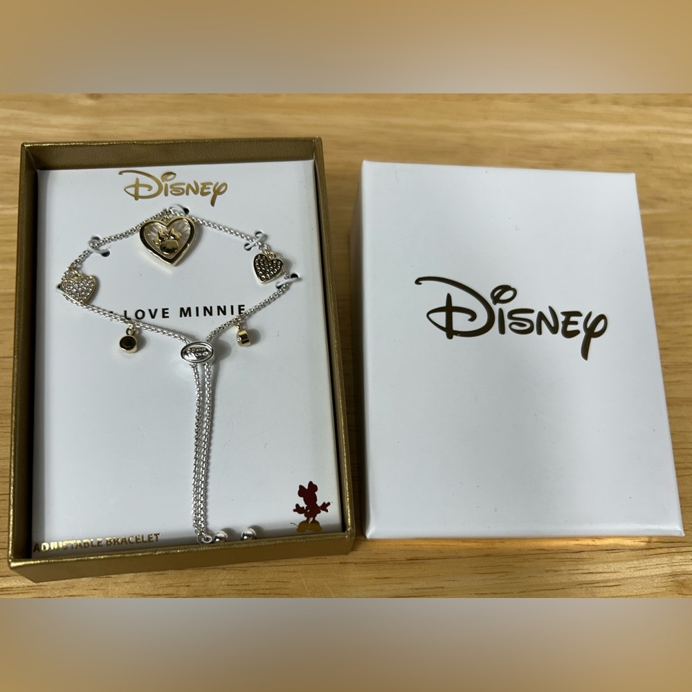 Disney X LA Rocks I LOVE MINNIE Charm Bracelet Adjustable‎ Silver Tone NEW